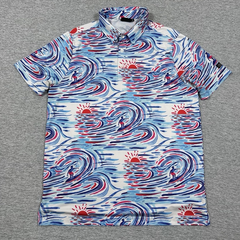 Sunday Swagger Polo Shirt Mens Medium Blue Red Surfer Ocean Print Stretch Golf - Picture 2 of 9